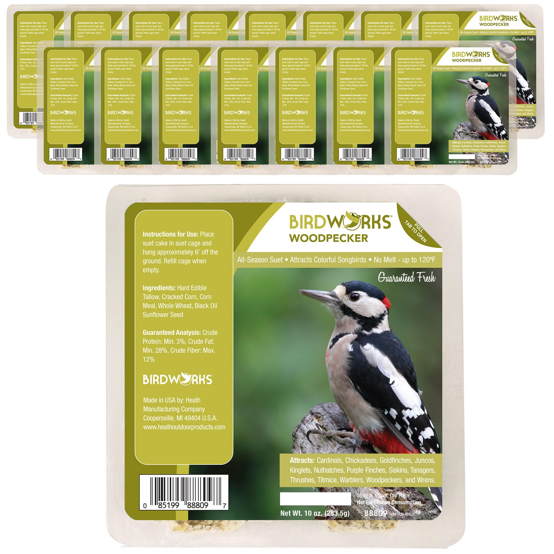 Heath Outdoor Products Woodpecker suet cakes pack in packaging, ideal for year-round birds.