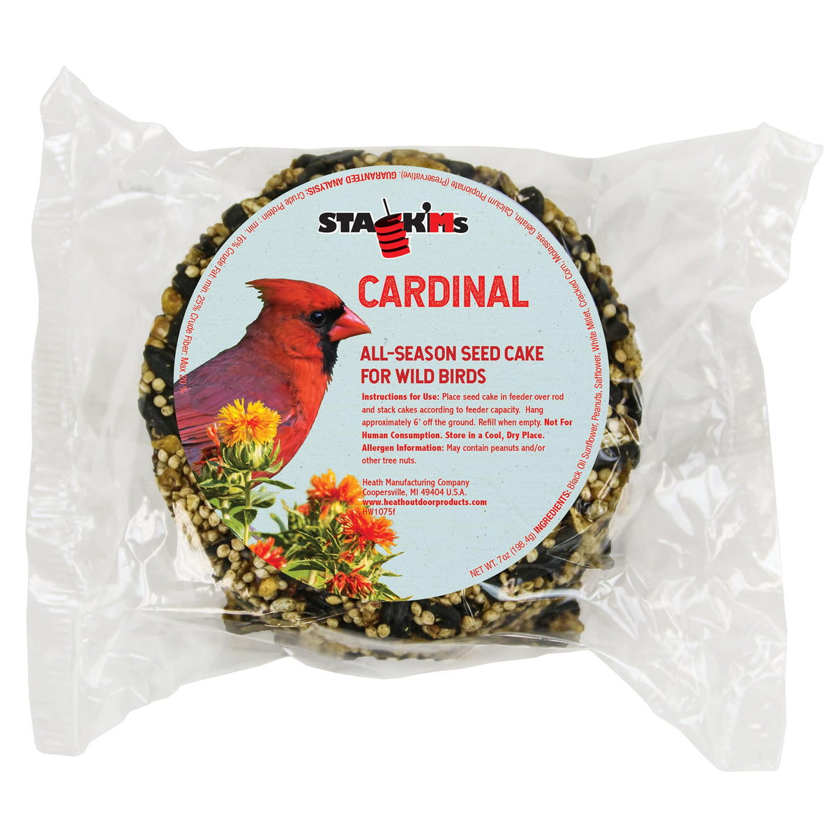Heah Stack'Ms Cardinal seed cake with center hole for Stack'Ms feeder attracts cardinals.
