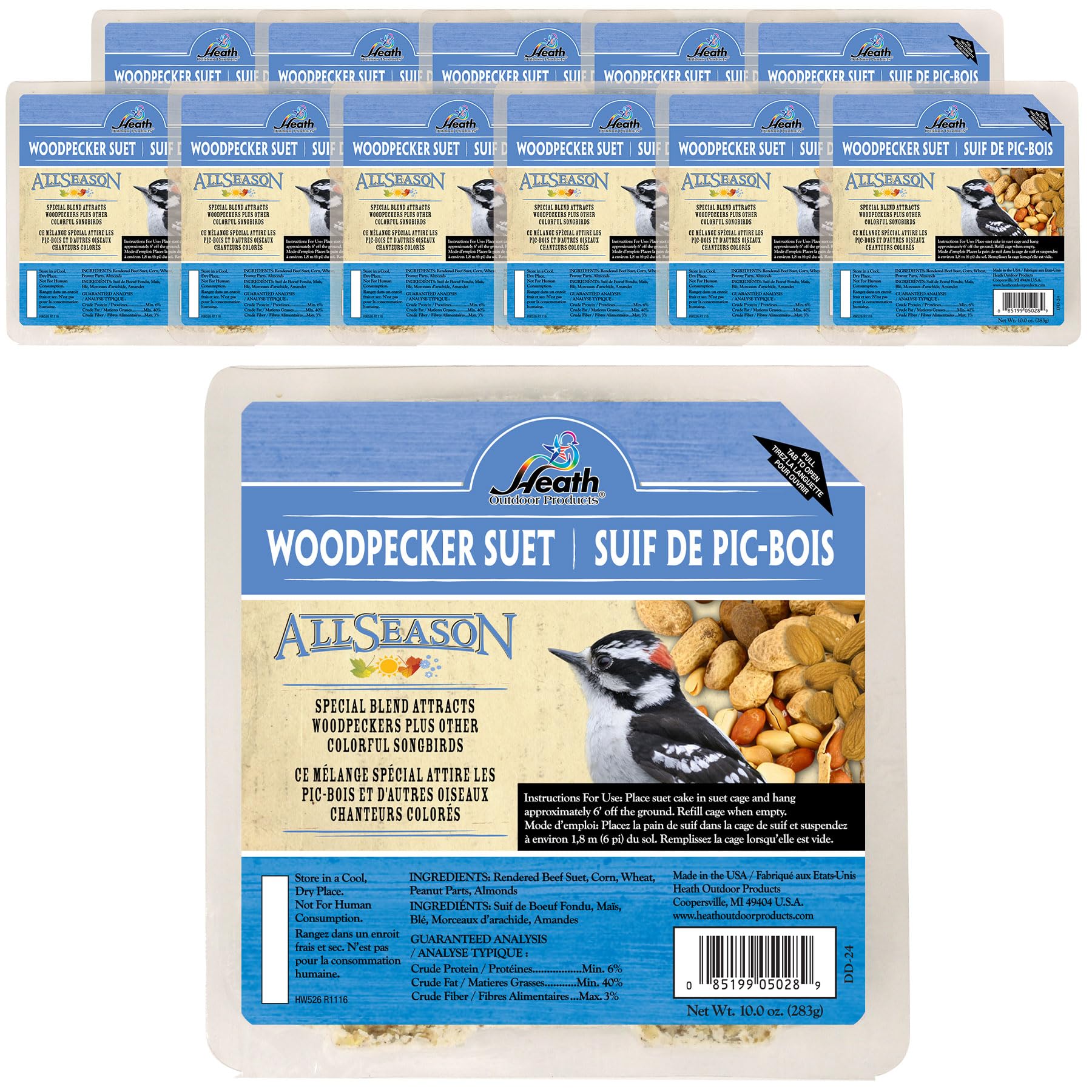 Heath Woodpecker Suet Cake 12-pack attracts woodpeckers at the feeder.