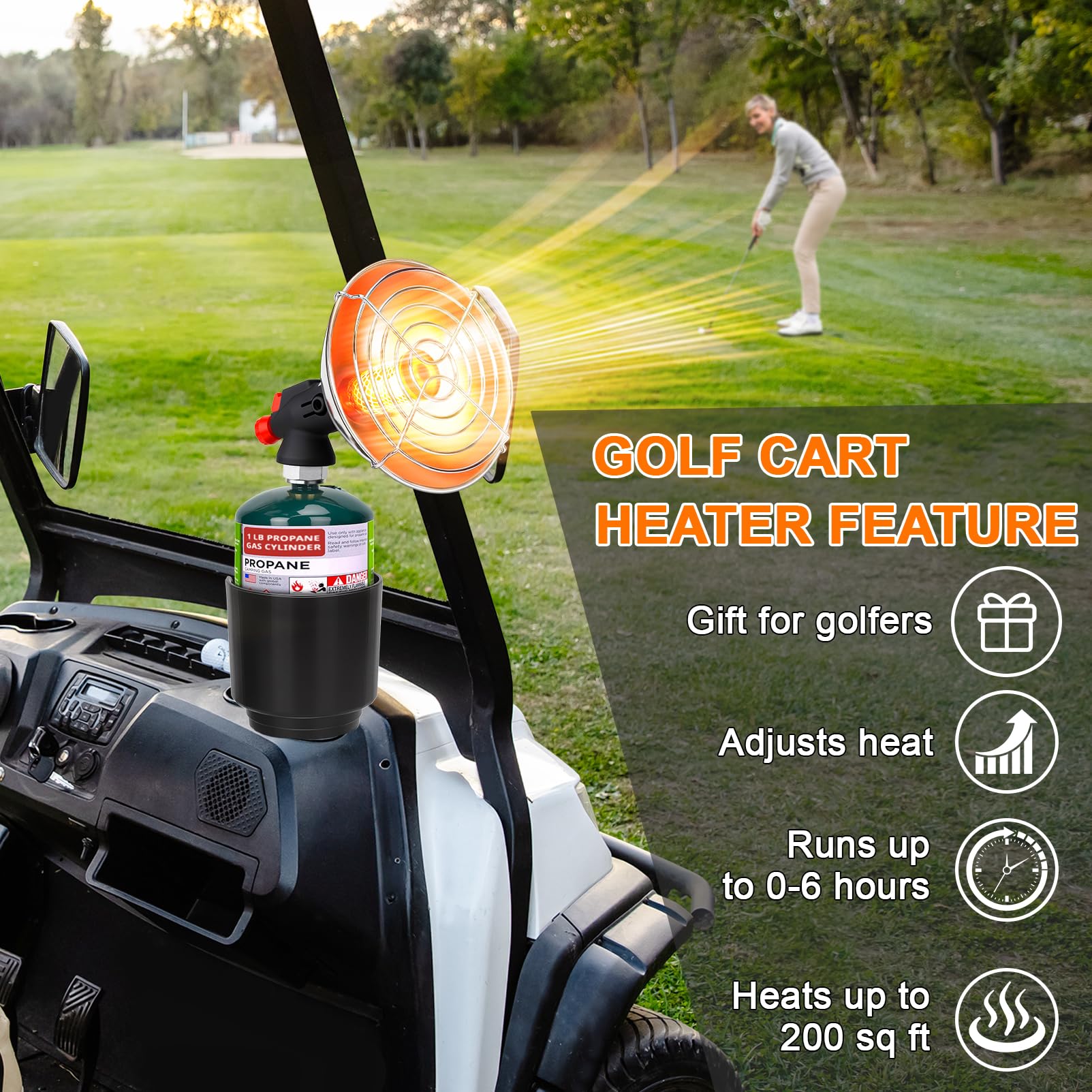 HEATHIVE Golf Cart Heater base stand steadies the unit on uneven ground.