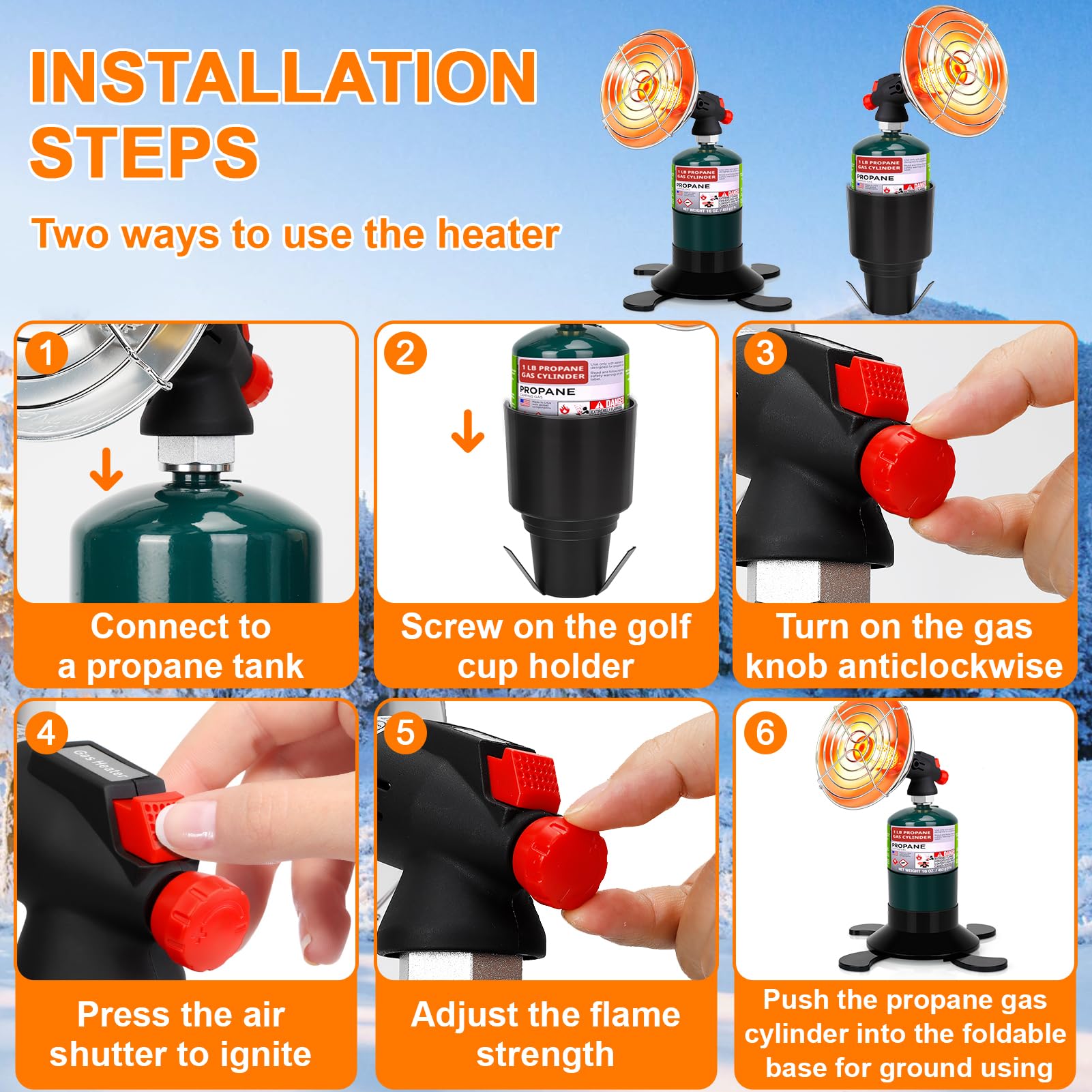 HEATHIVE Self-ignite golf heater starts instantly for convenient warmth.