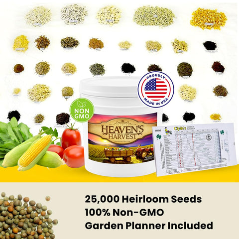 Non-GMO open-pollinated seeds from Heaven's Harvest ready for year-to-year planting.