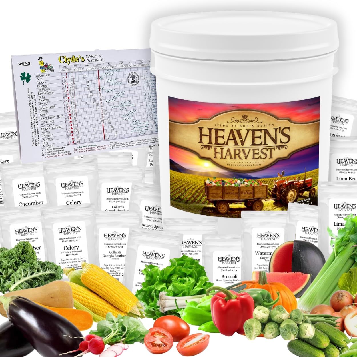 Heavens Harvest seed kit packaging showing waterproof Mylar bags protecting heirloom seeds.