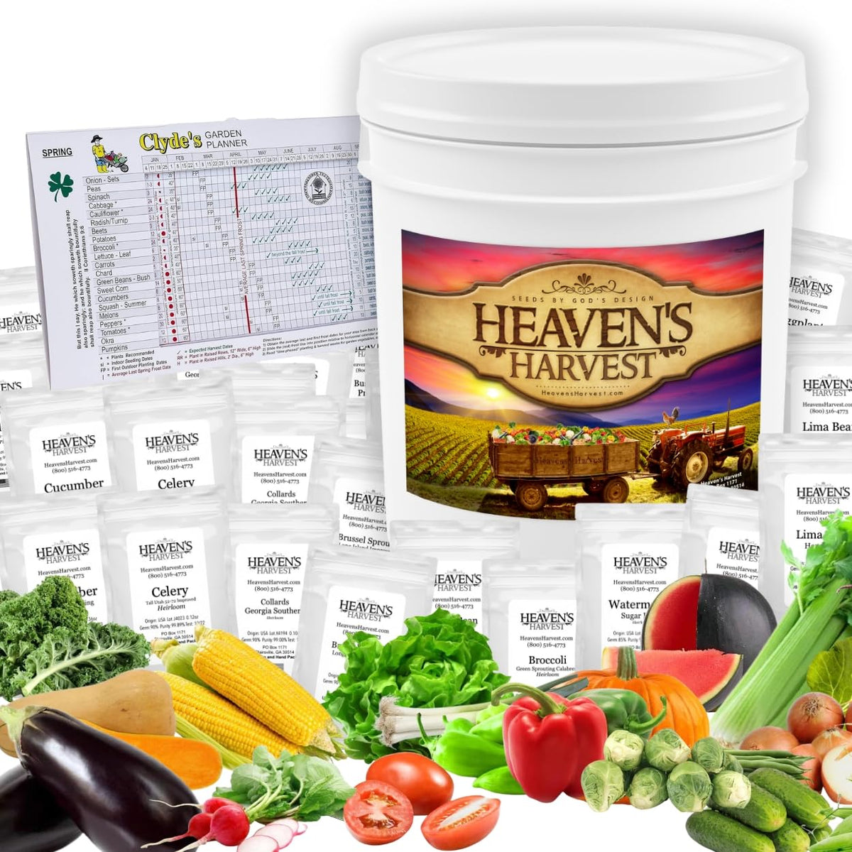 Heavens Harvest seed kit packaging showing waterproof Mylar bags protecting heirloom seeds.