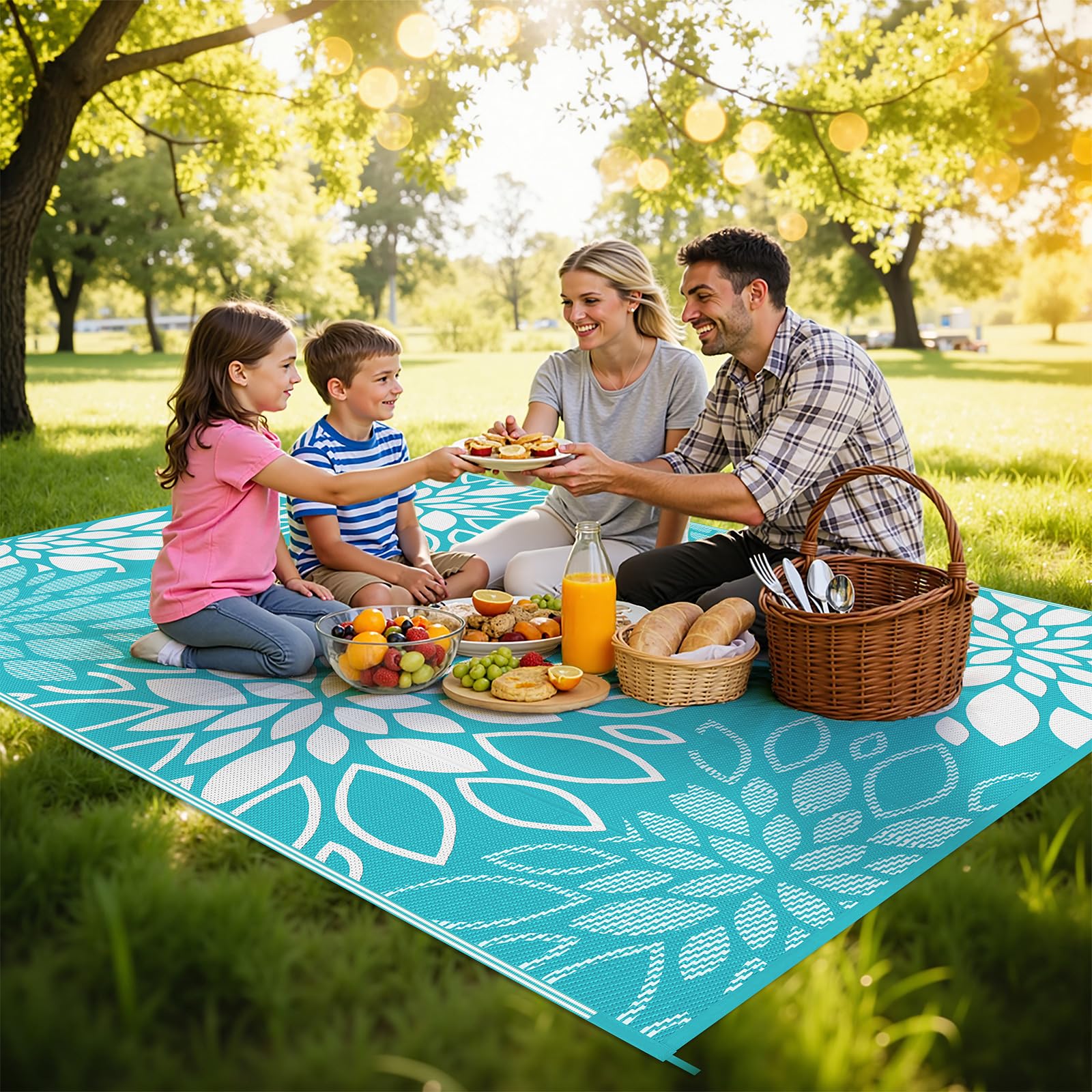 HEBE corner-loops and stakes secure the rug for camping and RV trips