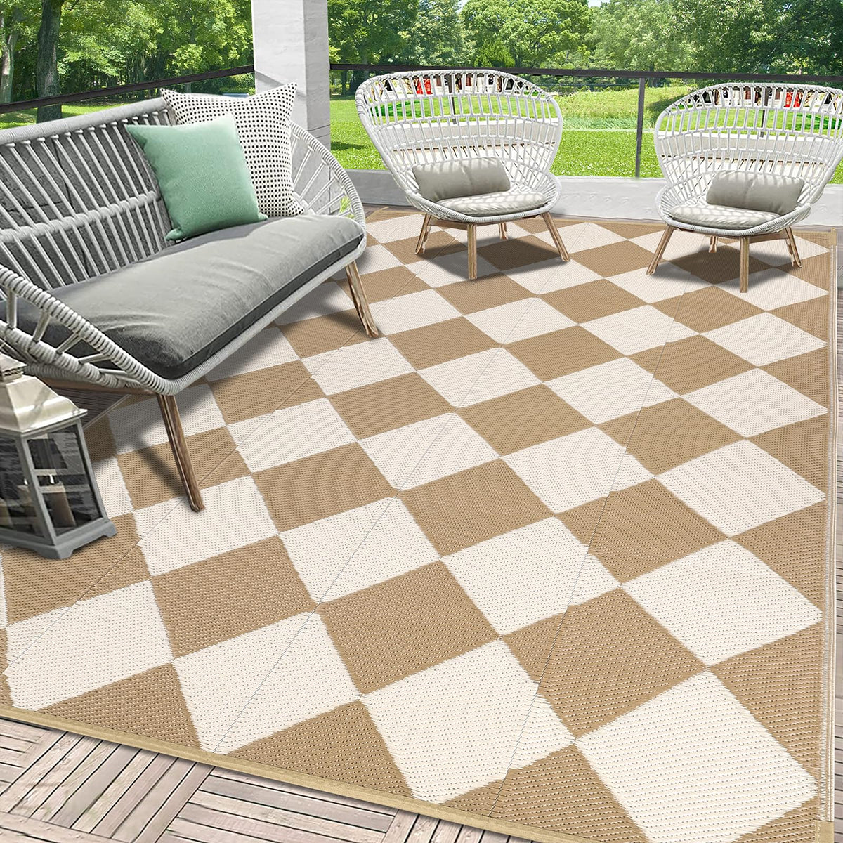 HEBE checkered outdoor rug 5x8 showing classic two tone pattern for porch use
