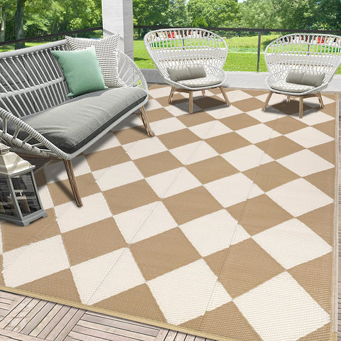 HEBE checkered outdoor rug 5x8 showing classic two tone pattern for porch use