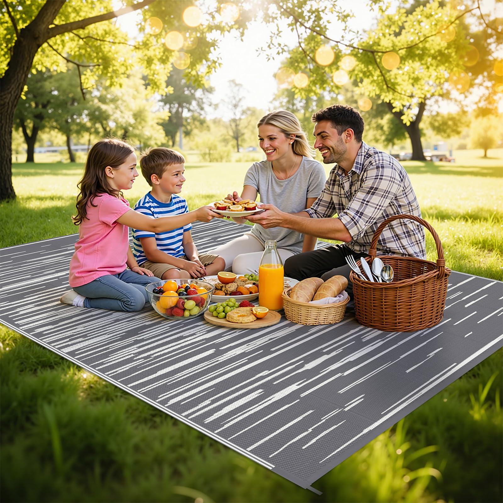 HEBE outdoor rug with four stakes securing to grass for stability
