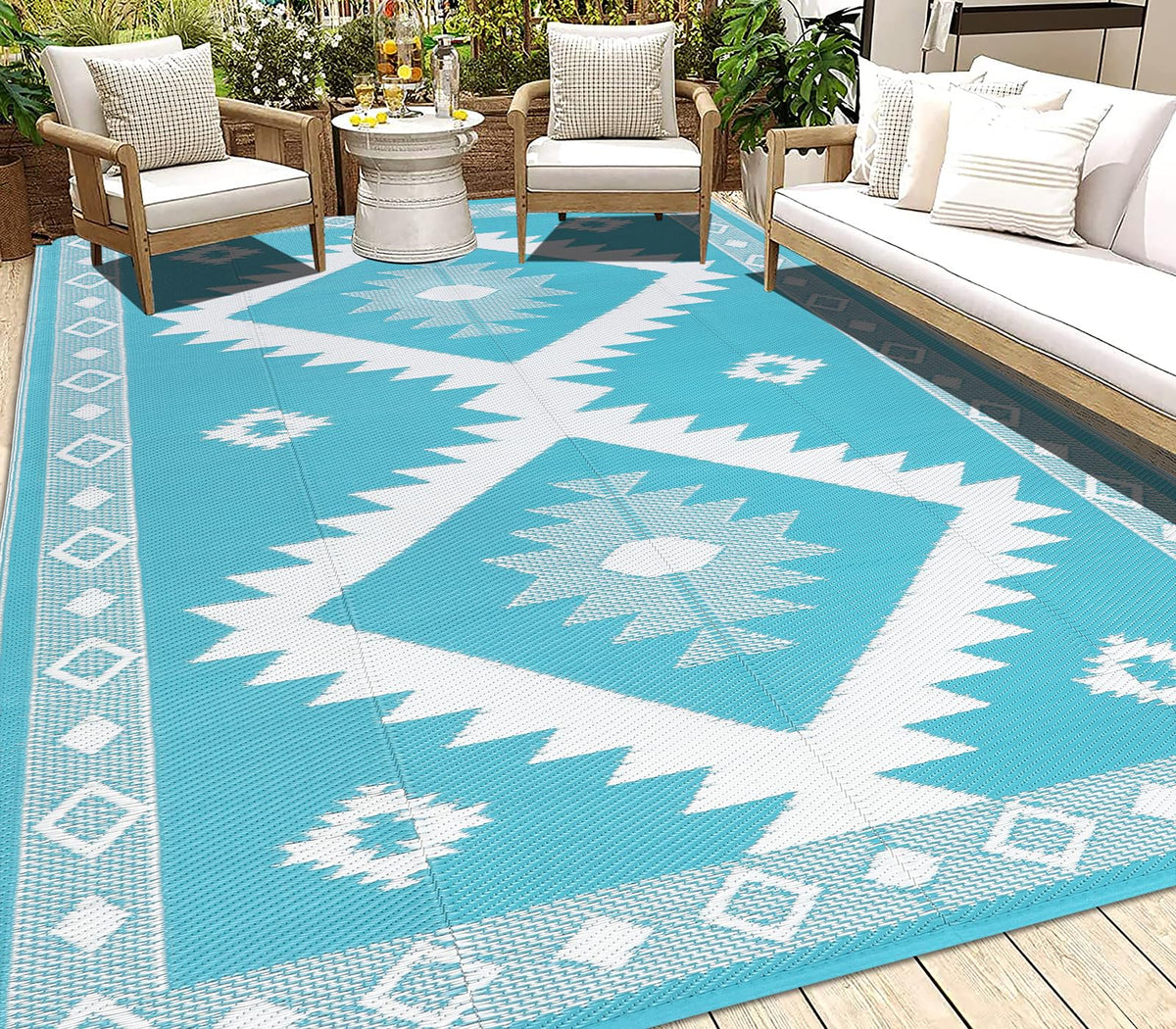 HEBE Outdoor Rug 8x10 with reversible diamond pattern for a fresh patio look.