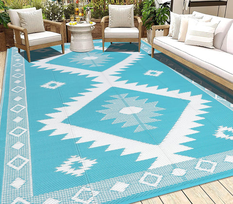 HEBE Outdoor Rug 8x10 with reversible diamond pattern for a fresh patio look.