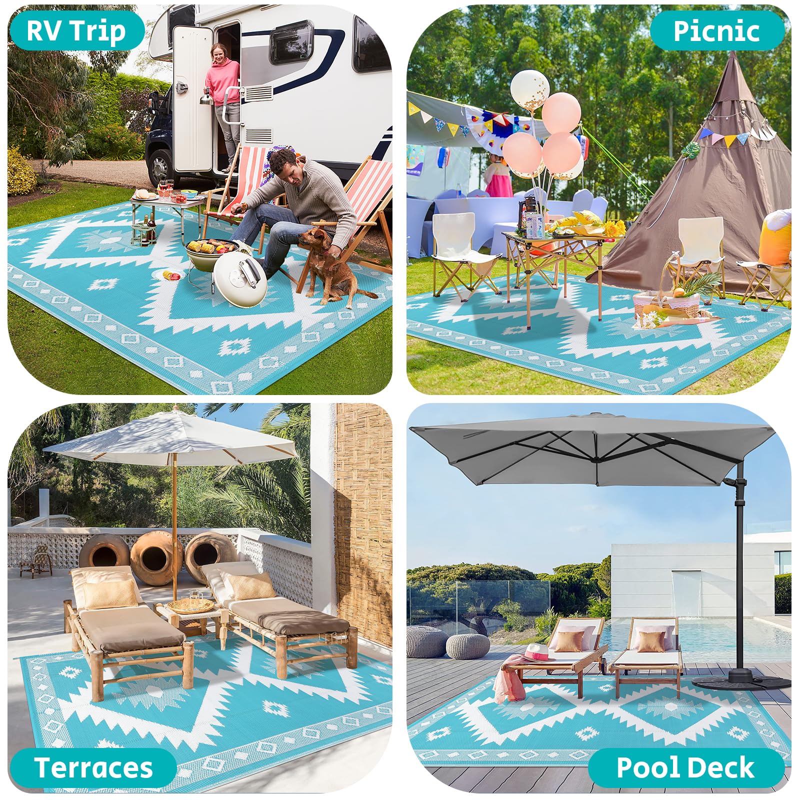 HEBE lightweight rug folds easily for camping and RV trips.