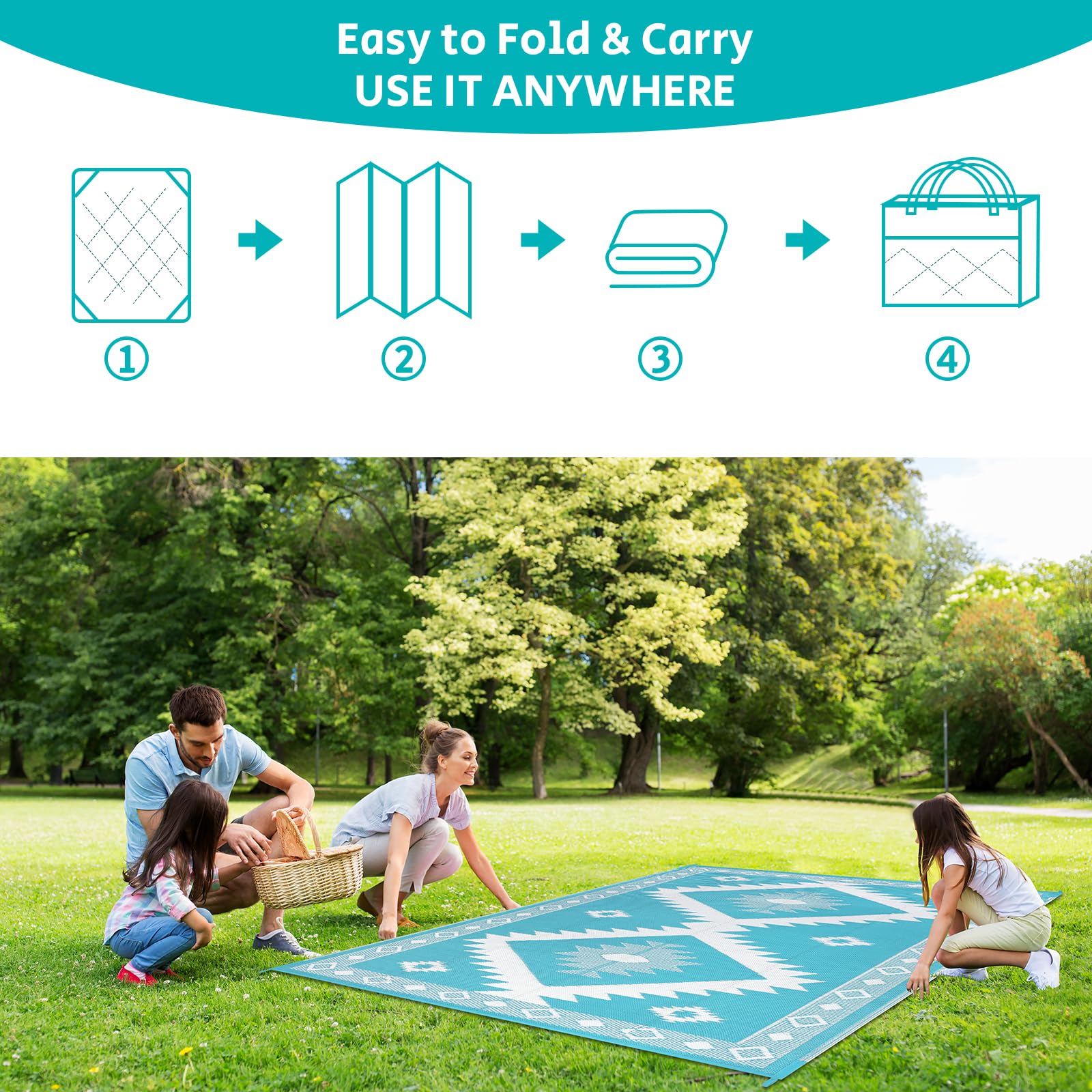 HEBE outdoor mat with corner-loops stays securely in place on windy days.
