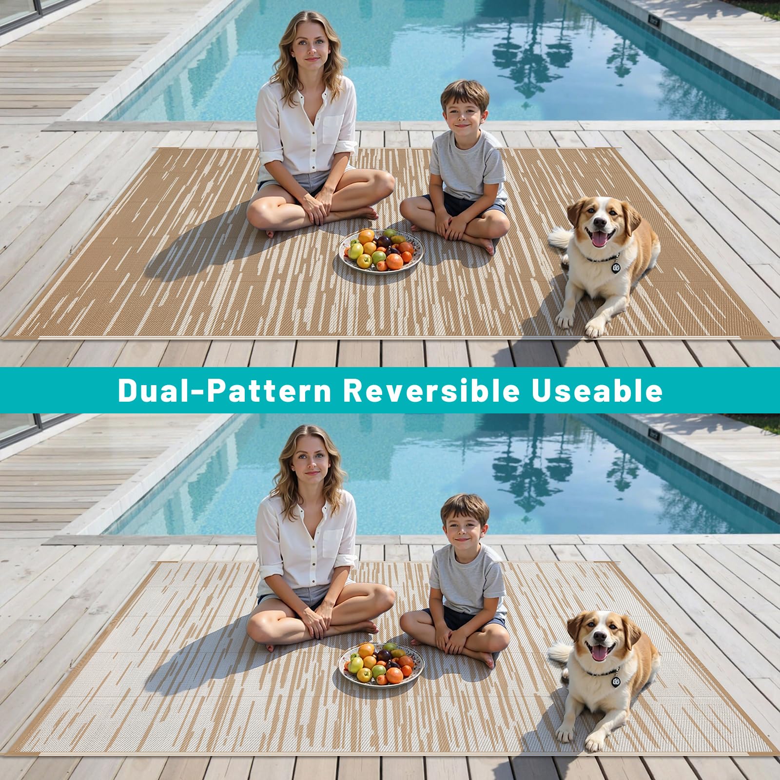 HEBE indoor-outdoor rug in beige complements porch and deck spaces