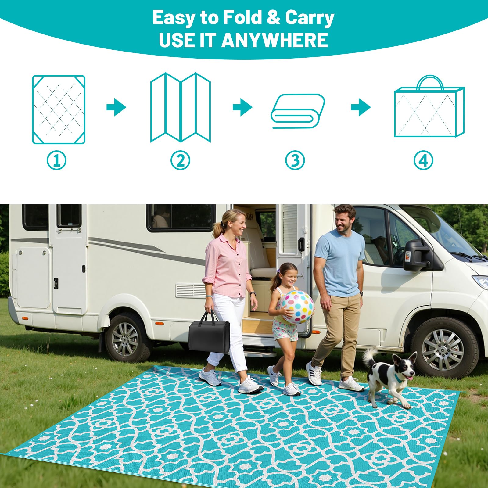 HEBE lightweight rug packs flat with a carrying bag for travel
