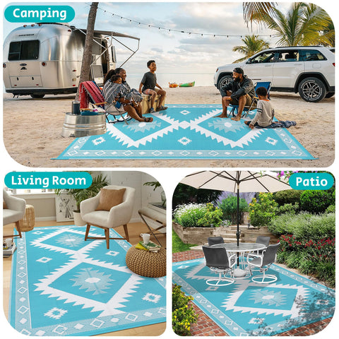 HEBE portable 8x10 rug suits patios, decks, beaches, and picnics.