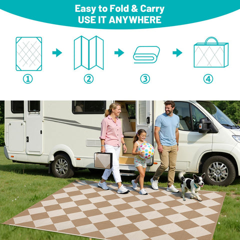 HEBE outdoor rug portable and lightweight, ideal for camping and RV trips.