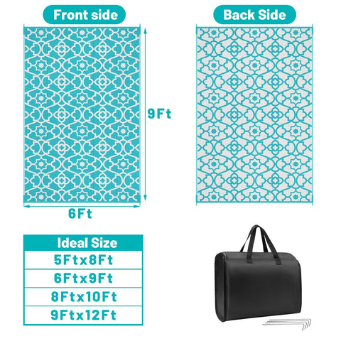 HEBE outdoor rug reversible pattern showcases two Moroccan designs for quick decor refresh