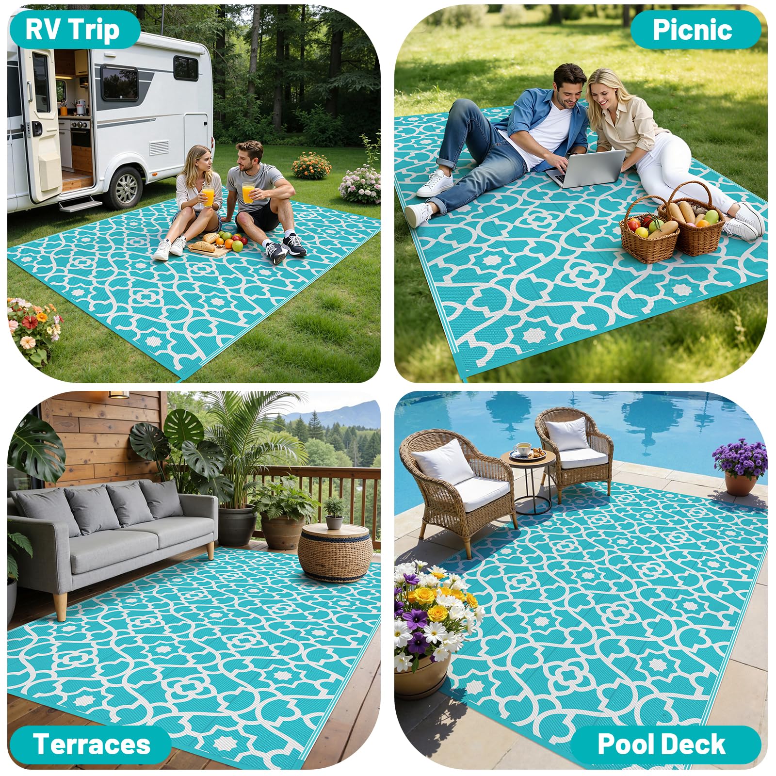 HEBE rug includes stakes and loops to secure it on windy days