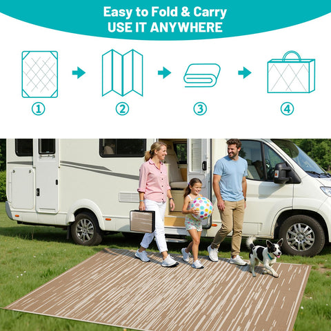 HEBE rug with stakes demonstrates stable, non-slip outdoor setup