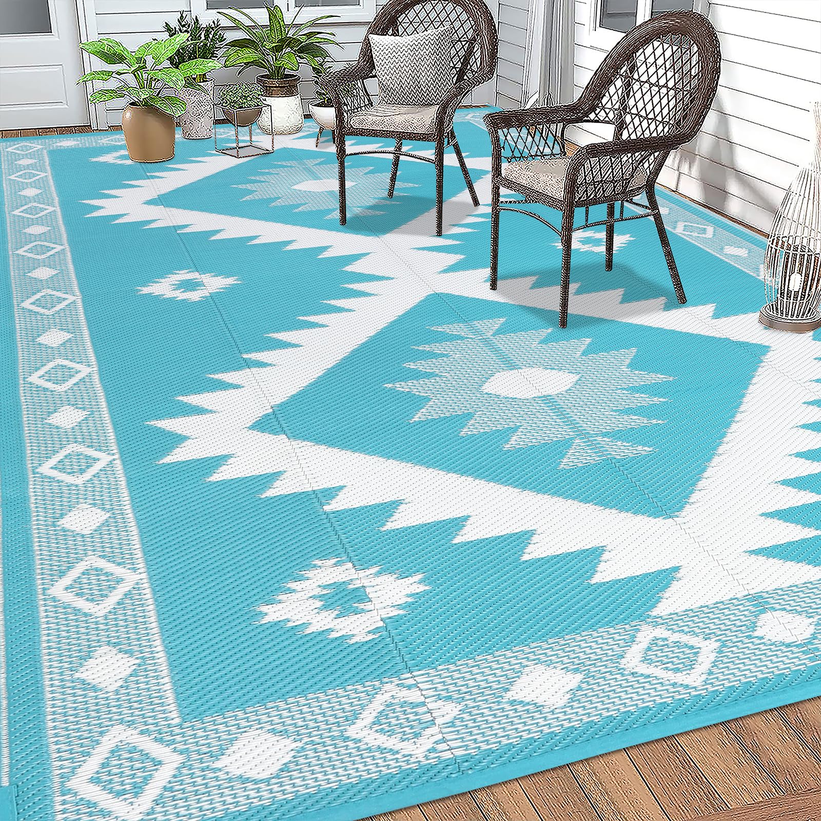 HEBE large 8x10 rug creates a defined outdoor living area.