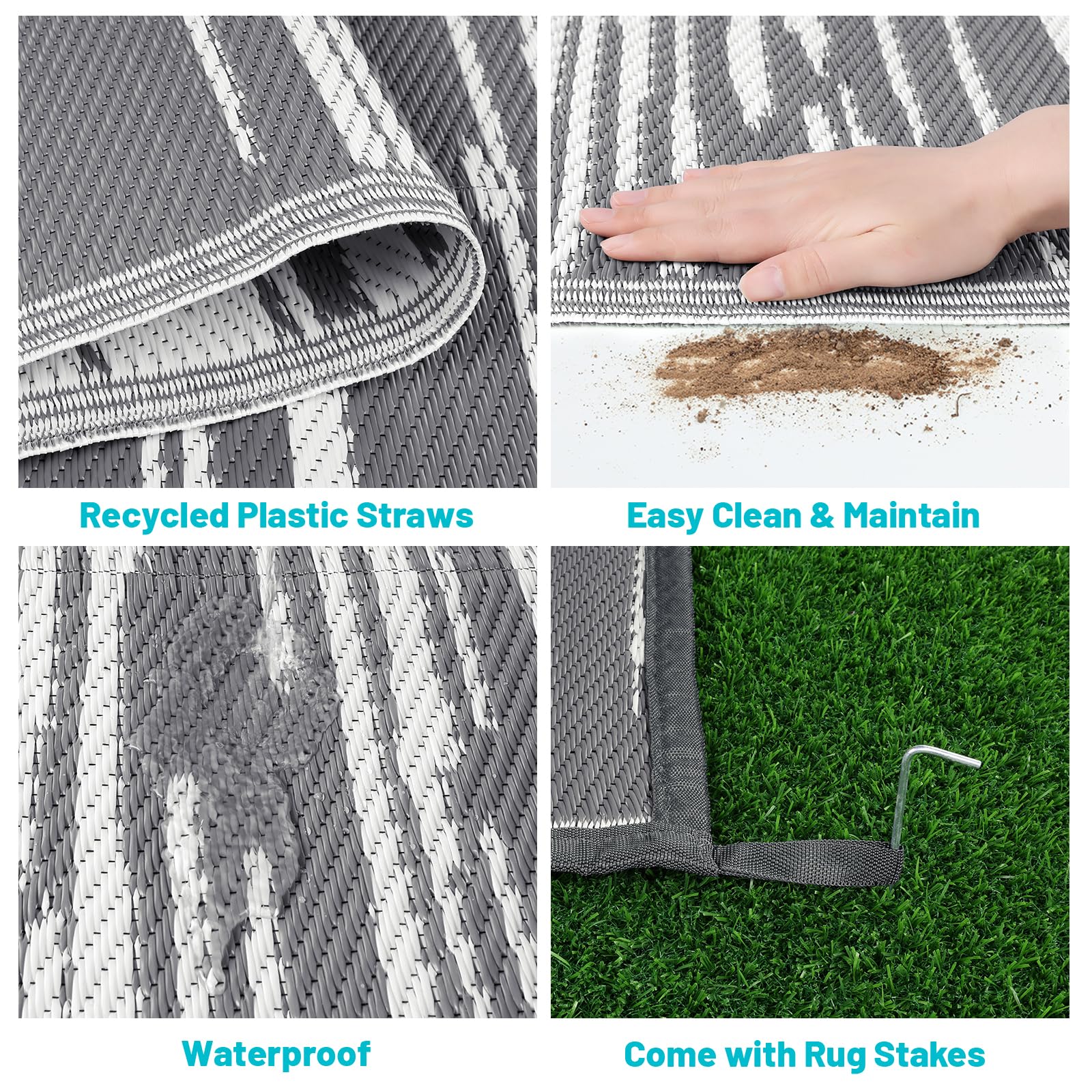 HEBE Outdoor Rug with stakes secures on grass or dirt for stability.