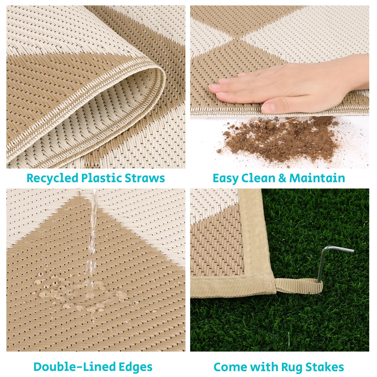 HEBE outdoor rug woven plastic straw construction for durable outdoor use.