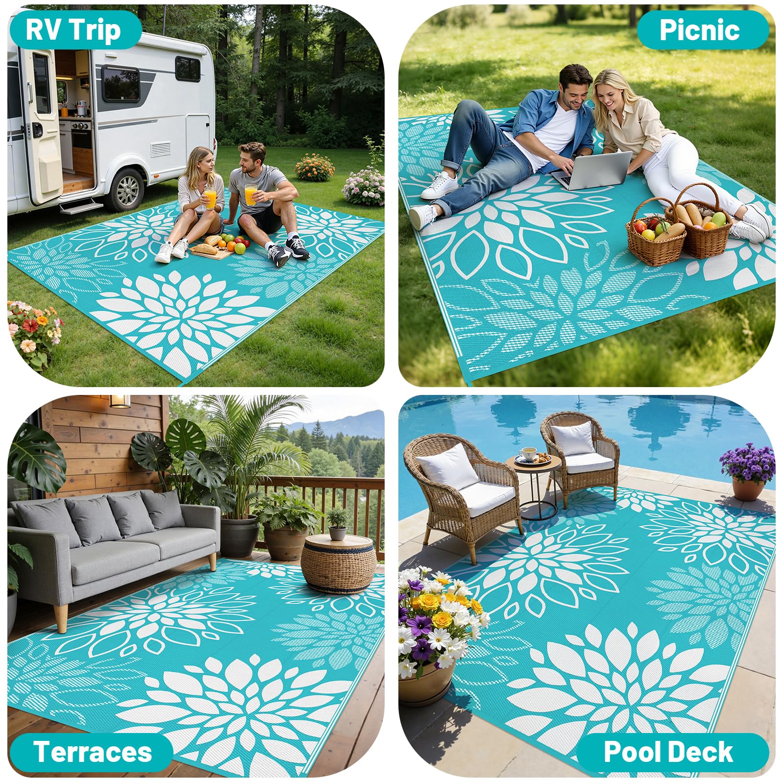 HEBE UV-coated plastic straw rug resists fading in sun
