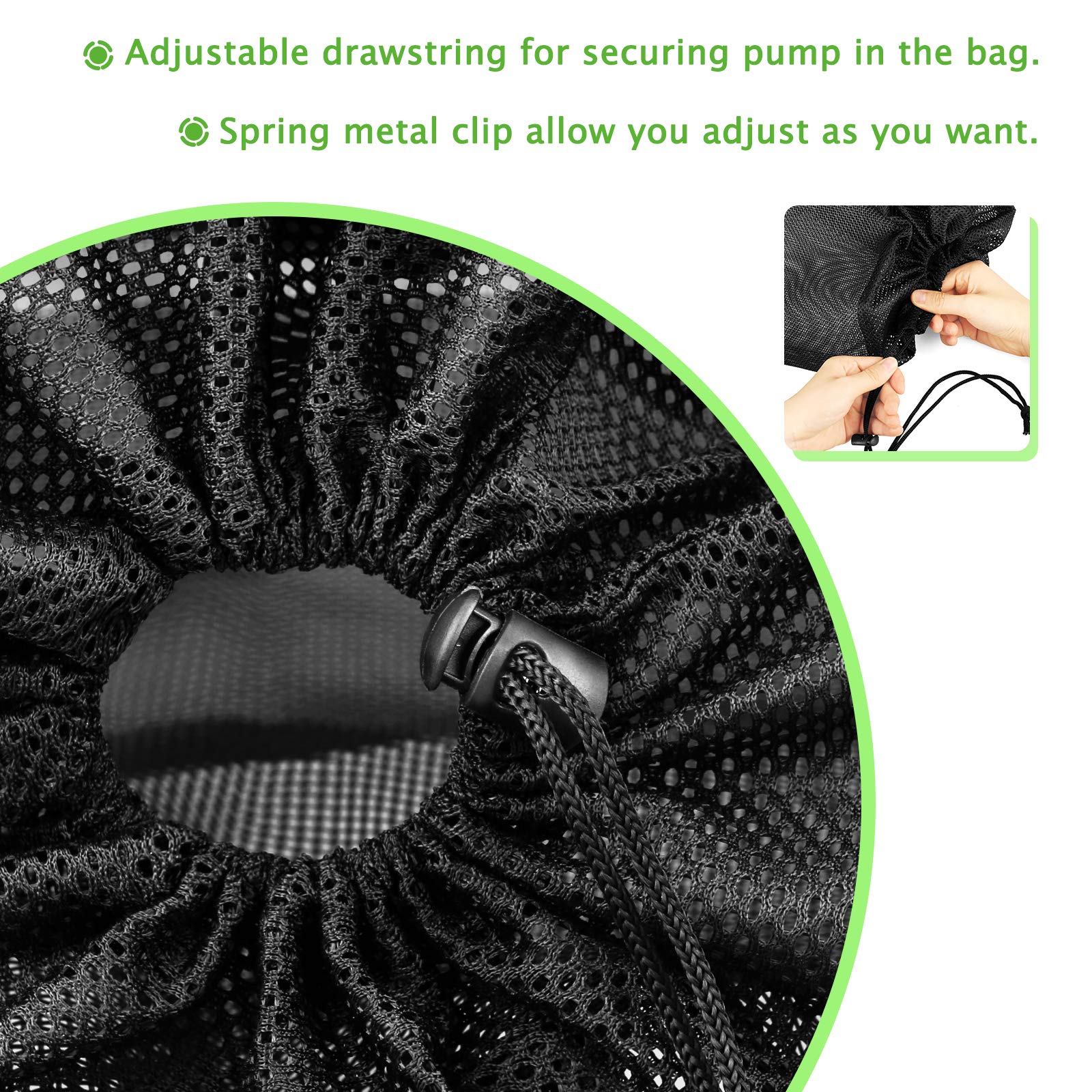 Hecaty drawstring closure demonstrates secure placement of the pump