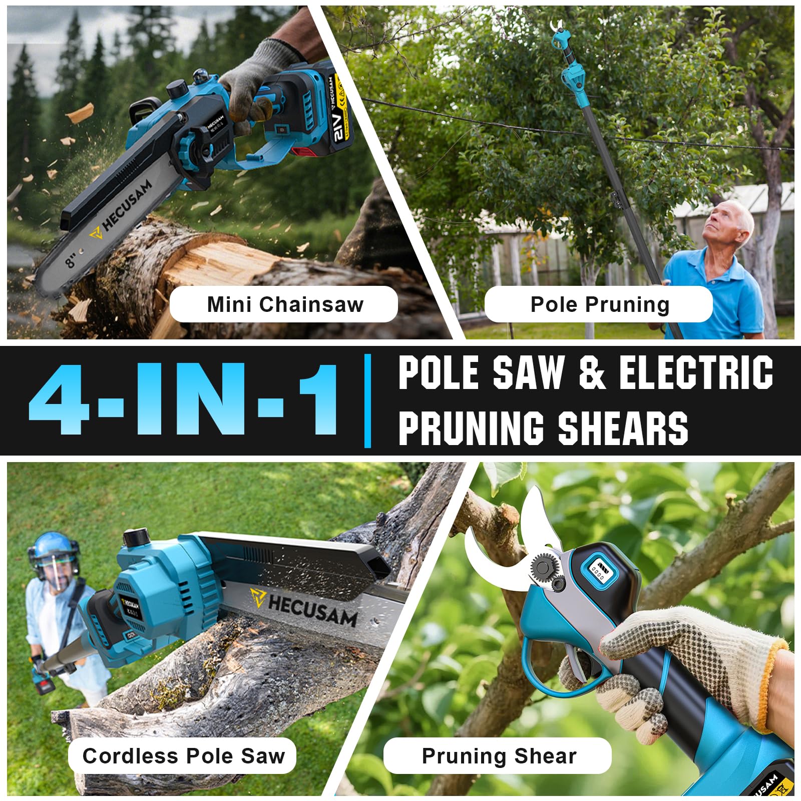HECUSAM 8-inch mini chainsaw cutting a thick branch clearly