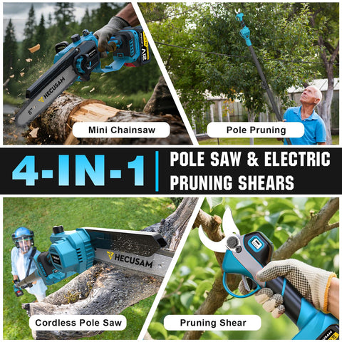 HECUSAM 8-inch mini chainsaw cutting a thick branch clearly