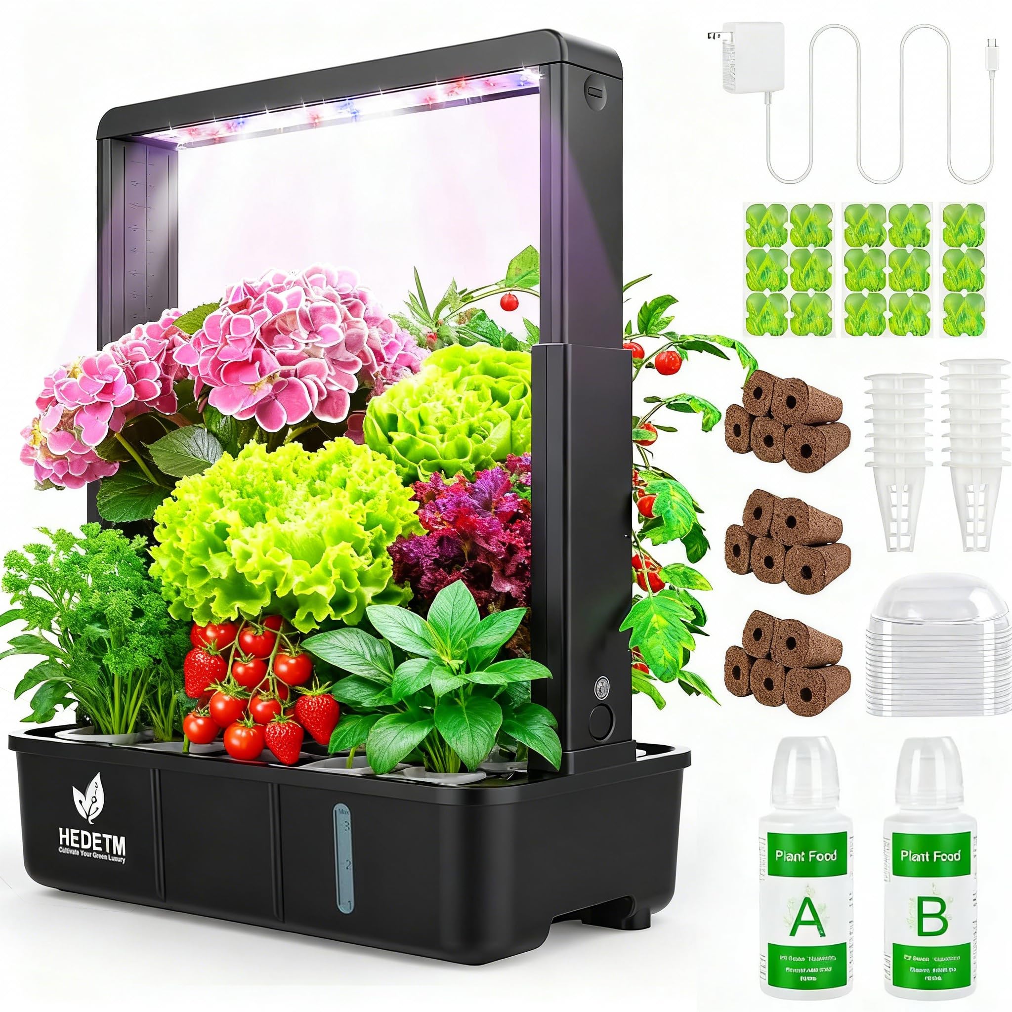 HEDETM Hopegarden indoor garden setup shows a compact hydroponic system for countertop herbs.