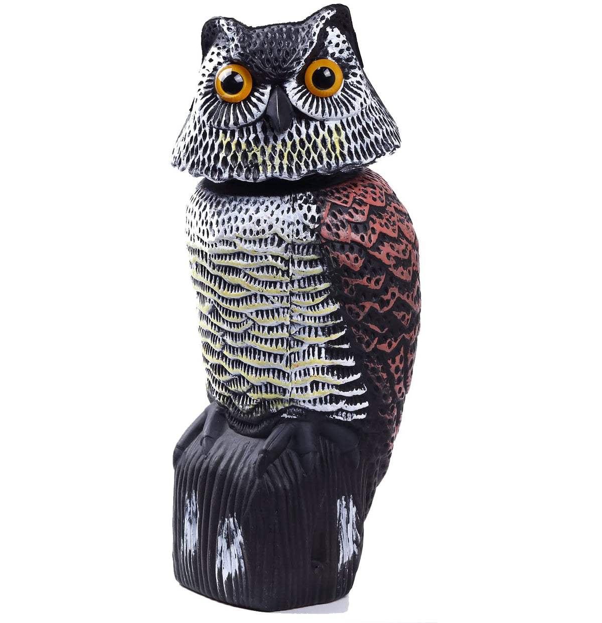 Hedoc owl decoy with rotating head deters birds from fruit trees