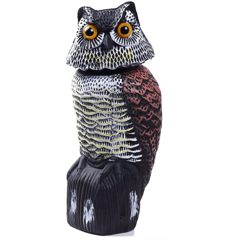 Hedoc owl decoy with rotating head deters birds from fruit trees