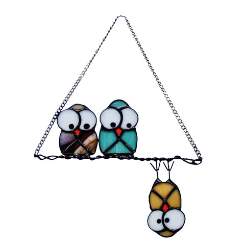 Hedyaner multicolor owls on a wire suncatcher enhances windows with vibrant light