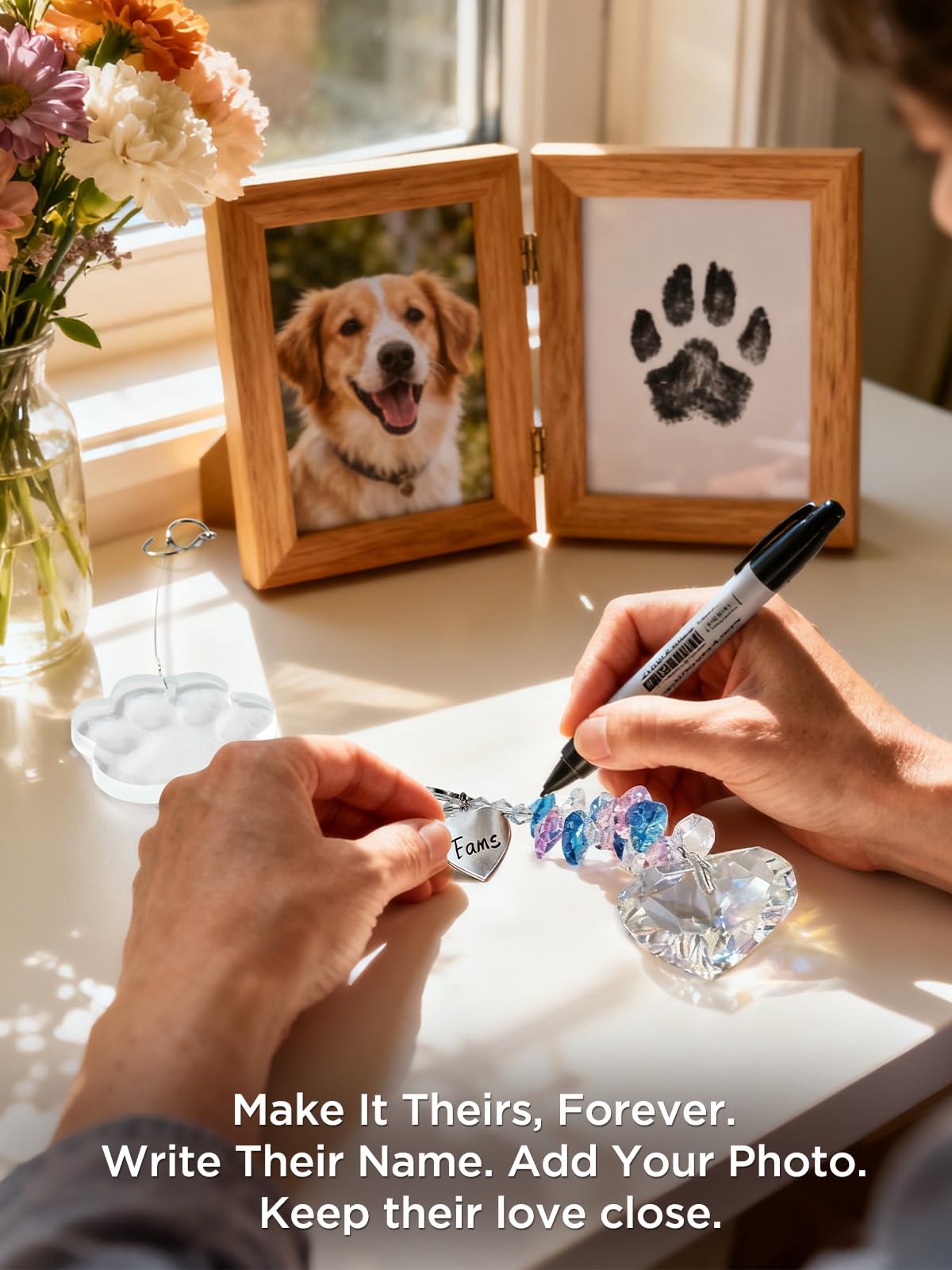 Heelay Pet Memorial Suncatcher glows softly in sunlight for calming ambiance