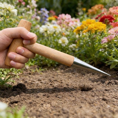 Compact, durable tool ready for seasonal planting tasks.