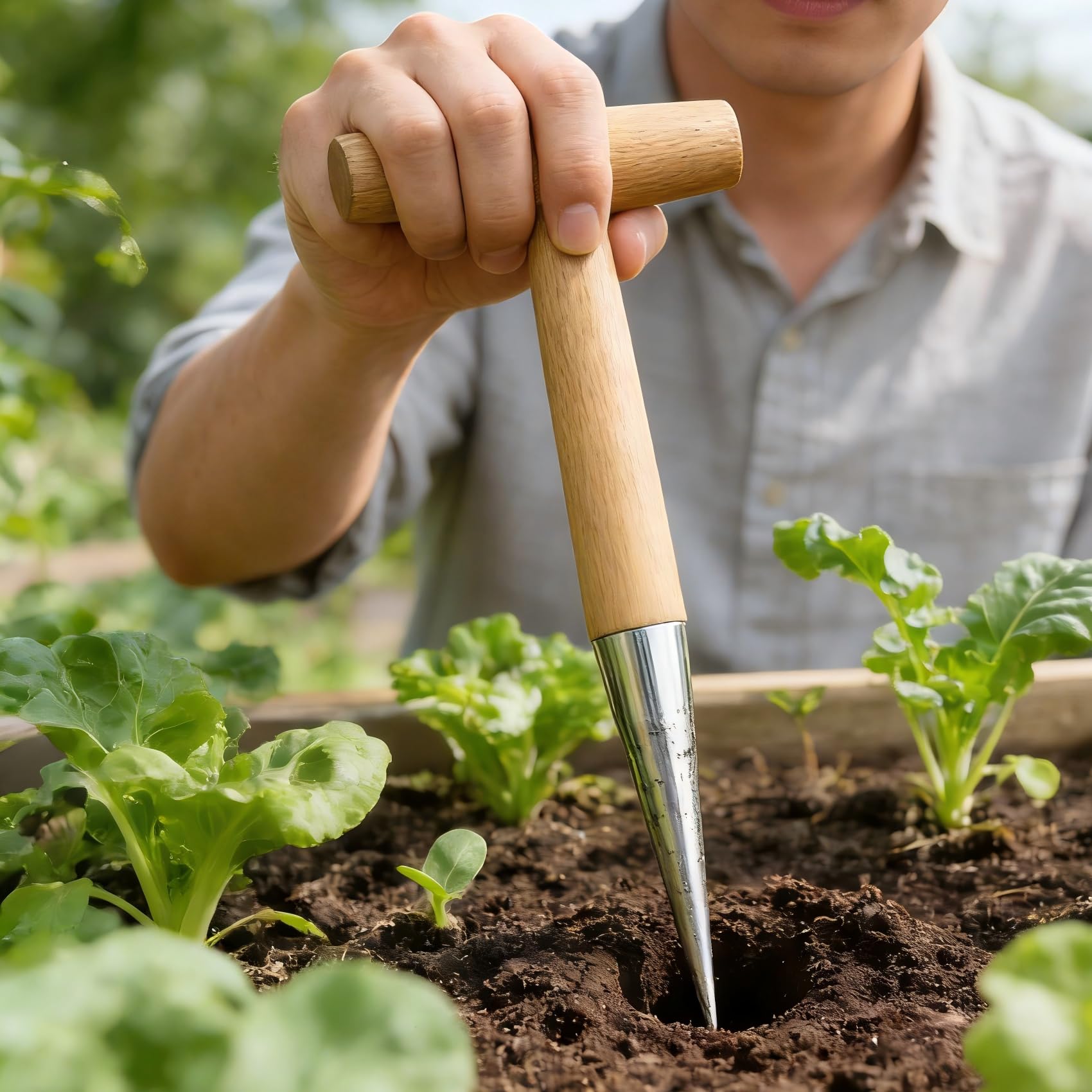This dibber helps create evenly spaced holes for accurate planting.