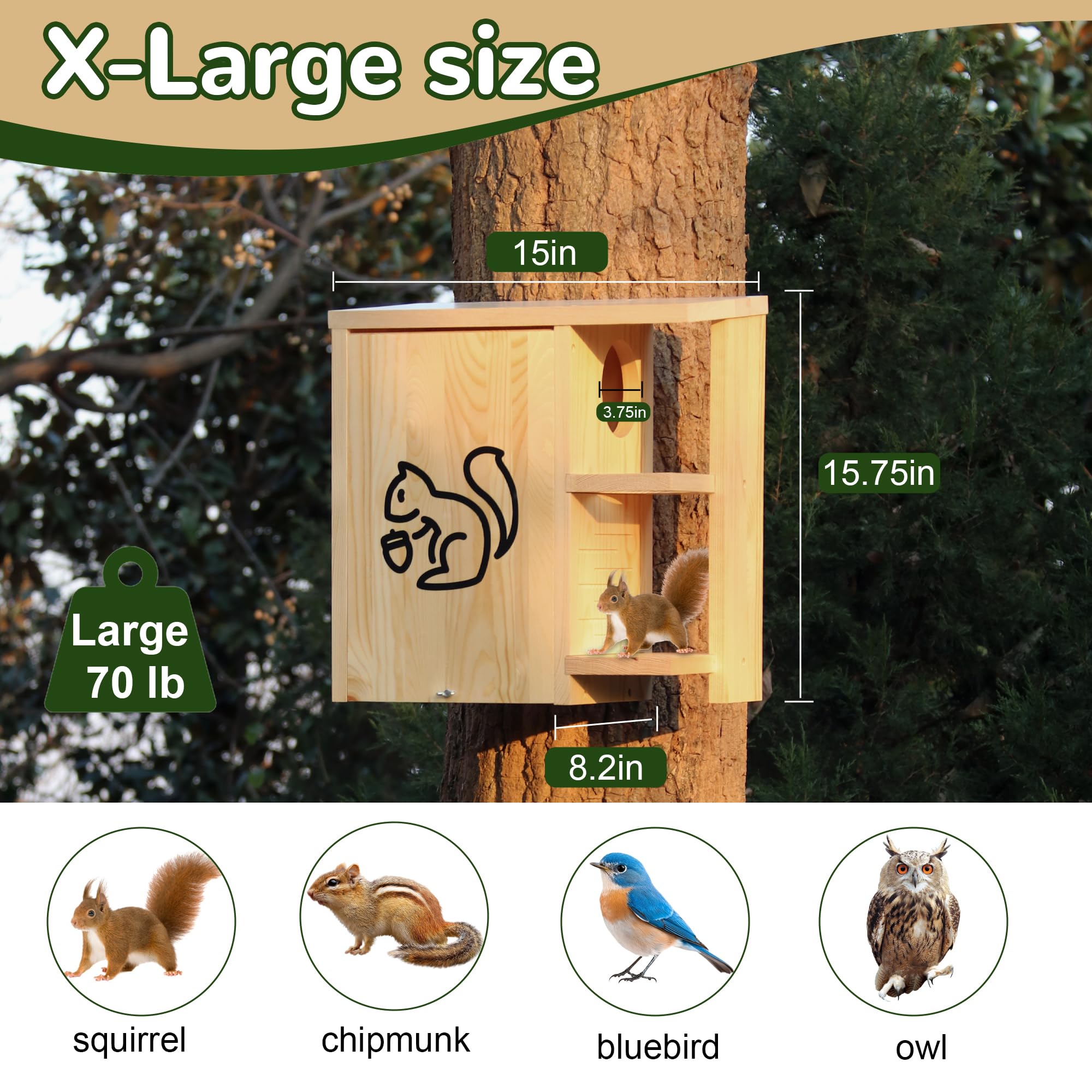 HEILFNL Widened Large Squirrel House with porch offers cozy outdoor shelter