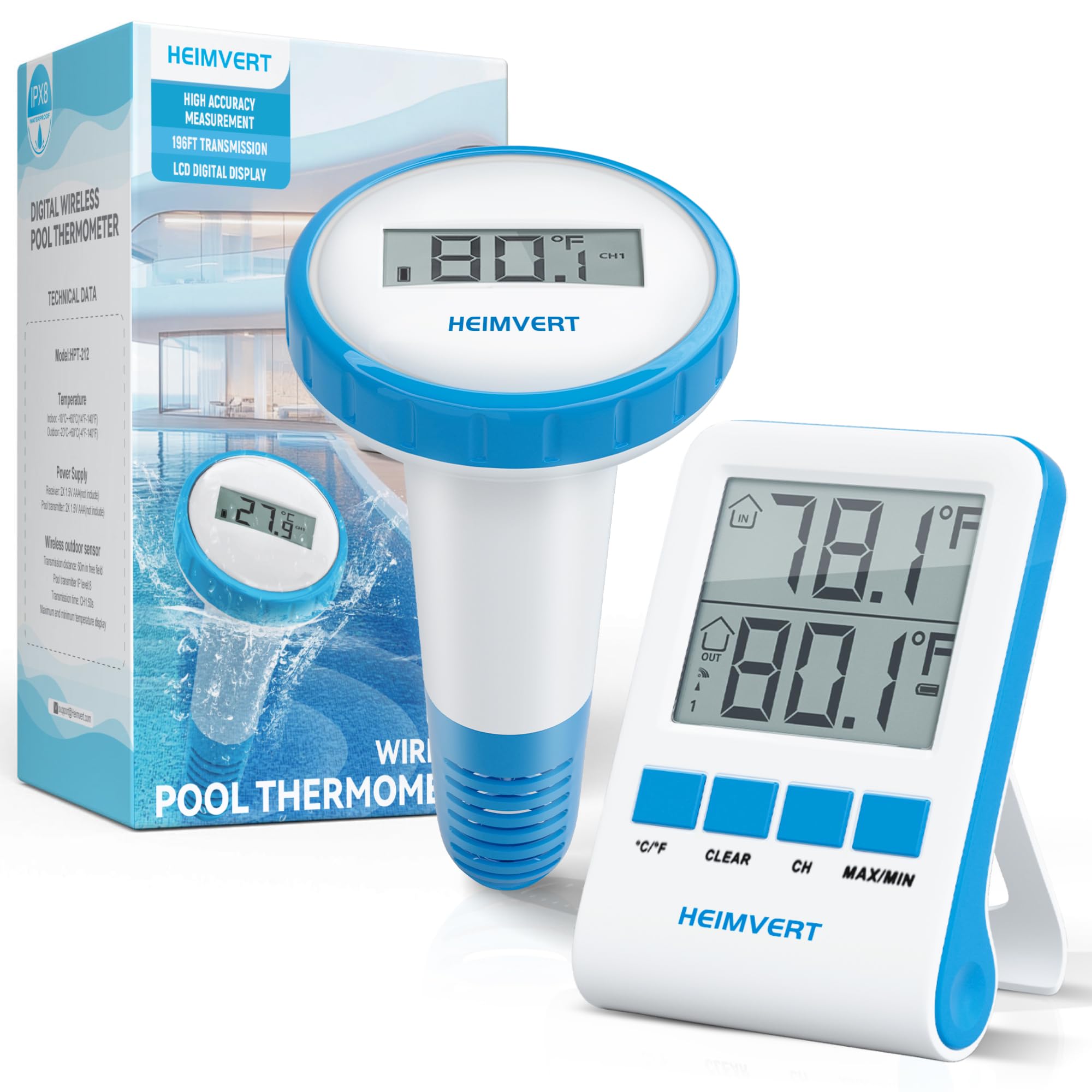 HEIMVERT wireless pool thermometer display shows water temperature clearly for pools and hot tubs
