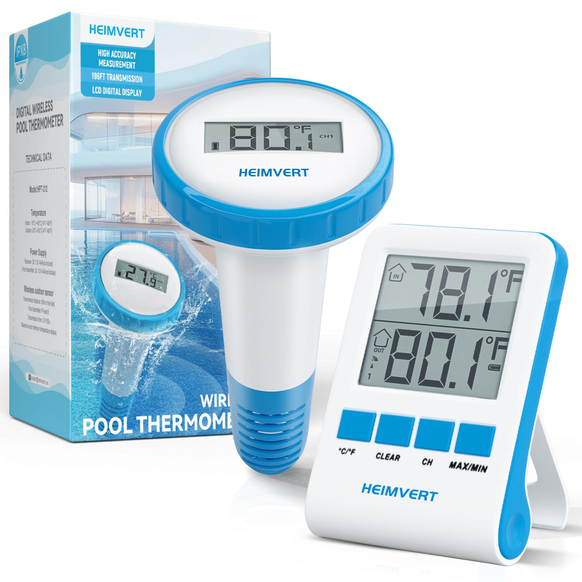HEIMVERT wireless pool thermometer display shows water temperature clearly for pools and hot tubs