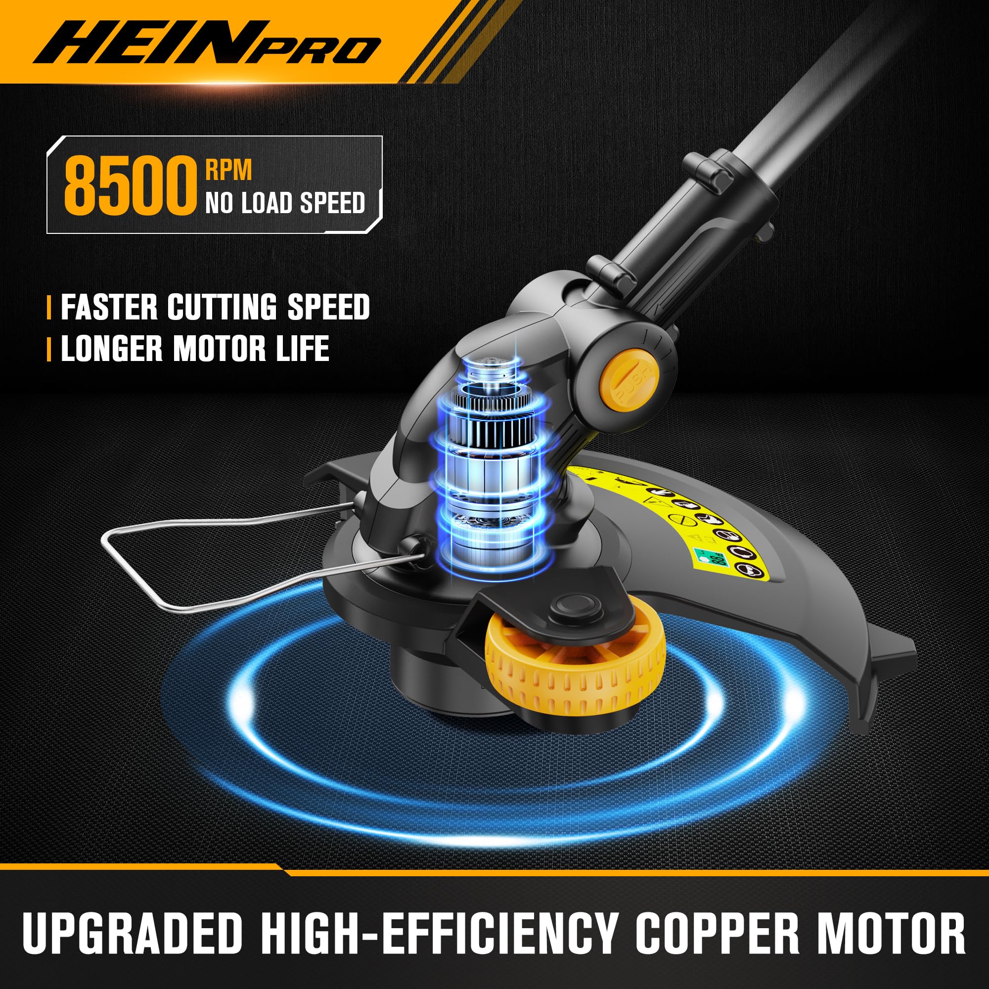 HEINPRO 3-in-1 design with wheeled edger and mini mower in action.