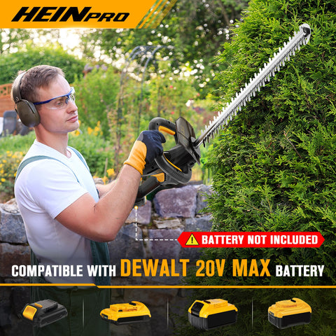 HEINPRO hedge trimmer with DeWALT 20V MAX battery compatibility.