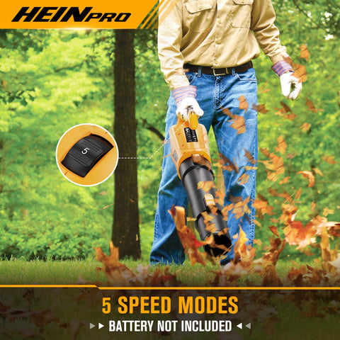 HEINPRO cordless leaf blower 500CFM display demonstrates strong air volume.