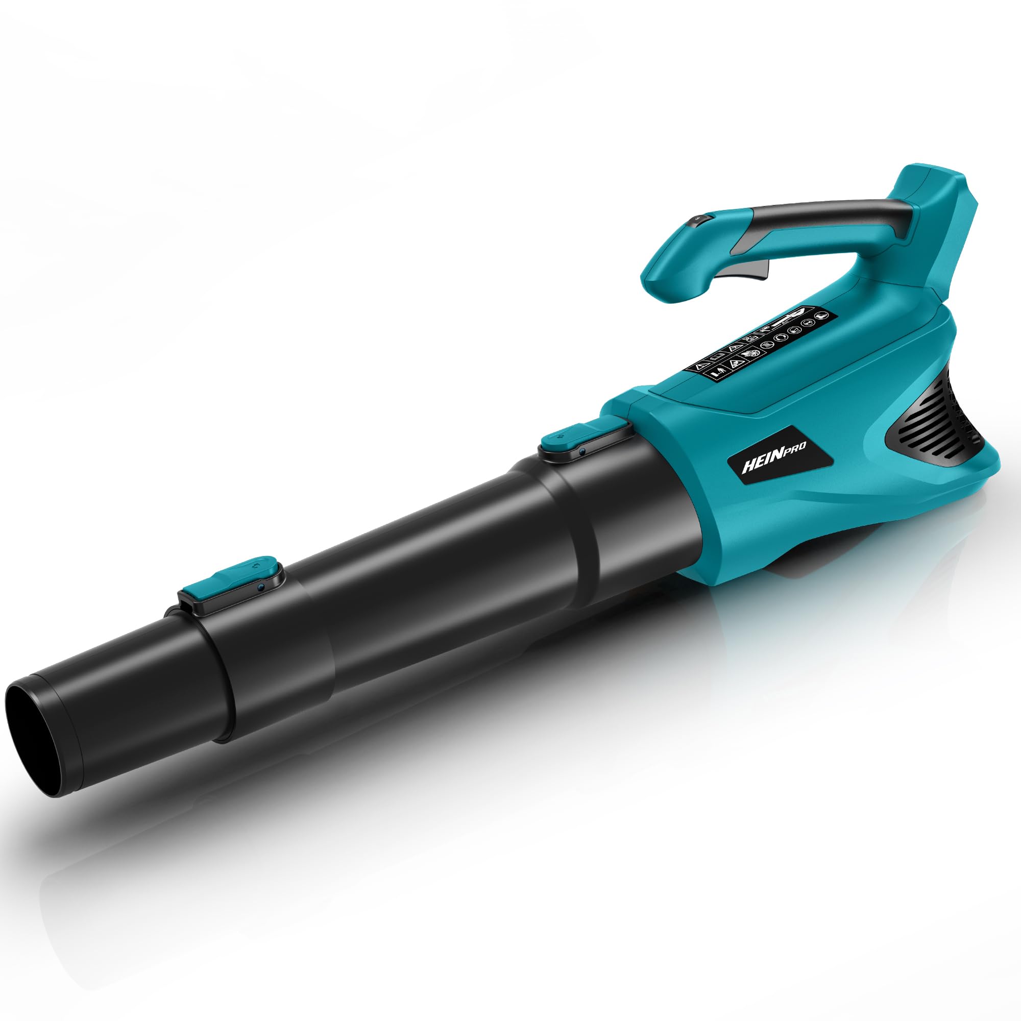HEINPRO cordless leaf blower in use delivering strong 500 CFM airflow for quick cleanup.