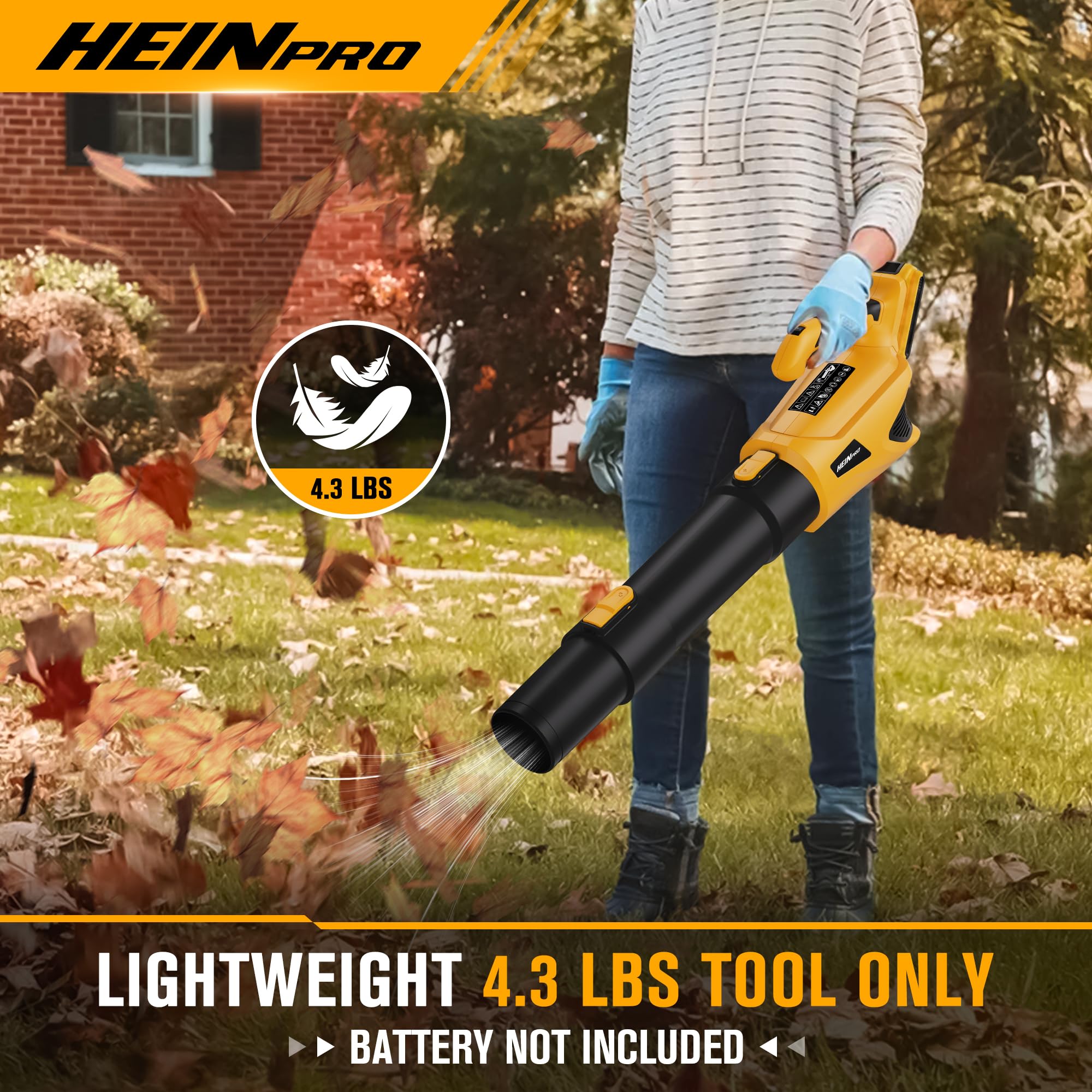 HEINPRO cordless leaf blower battery slot close-up shows easy battery access.