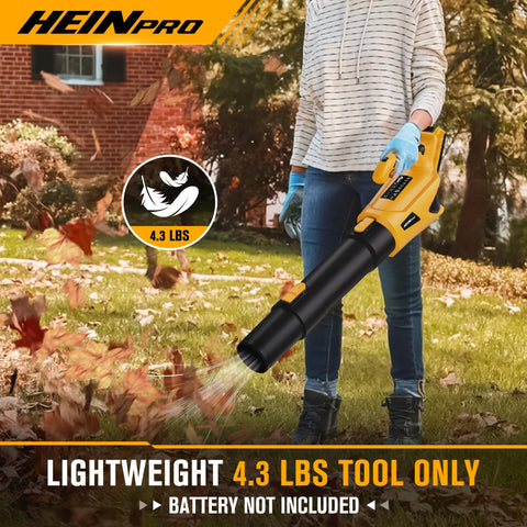 HEINPRO cordless leaf blower battery slot close-up shows easy battery access.