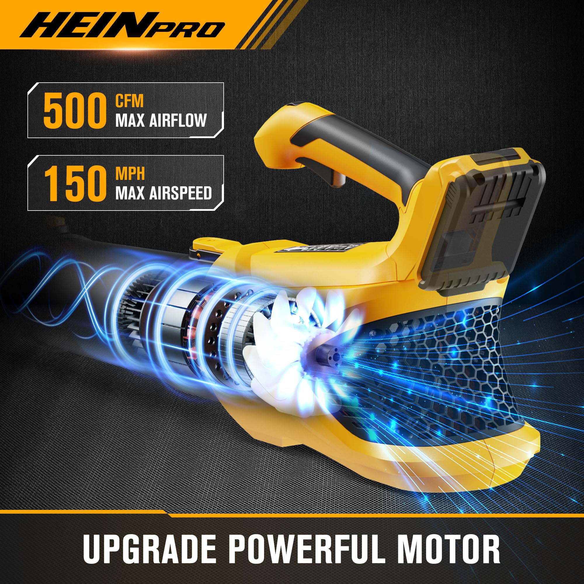 HEINPRO cordless leaf blower in use demonstrates powerful cordless performance.