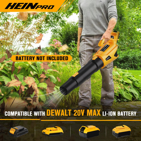 HEINPRO cordless leaf blower side view highlights compact storage and secure grip.