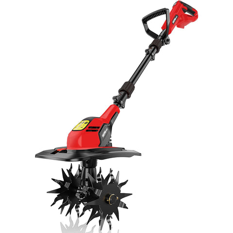 HEINPRO cordless tiller shows Milwaukee M18 compatibility for easy power access.