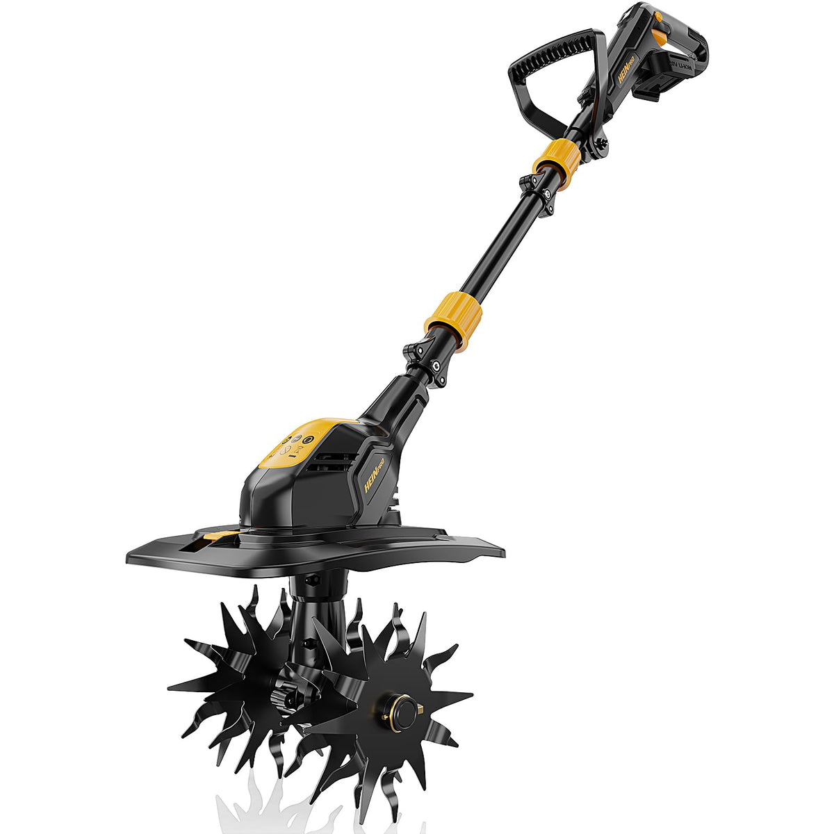 HEINPRO cordless tiller shown in a compact design for easy storage and quick soil prep.